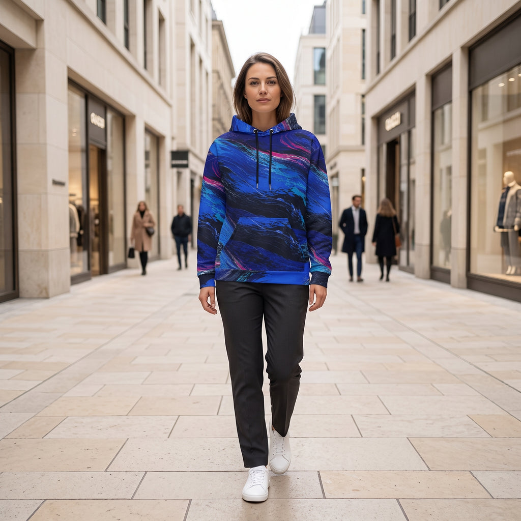 Model walking in the Cobalt Afterglow all-over print hoodie