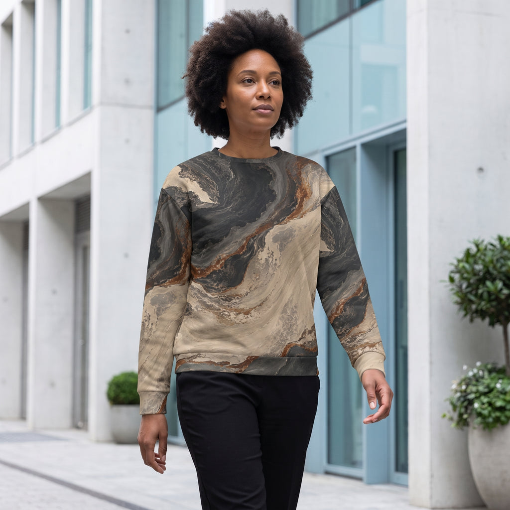 A woman with an afro hairstyle wearing a long-sleeve crewneck sweatshirt with a brown, black, and beige marble pattern, walking outdoors in front of a modern glass building.