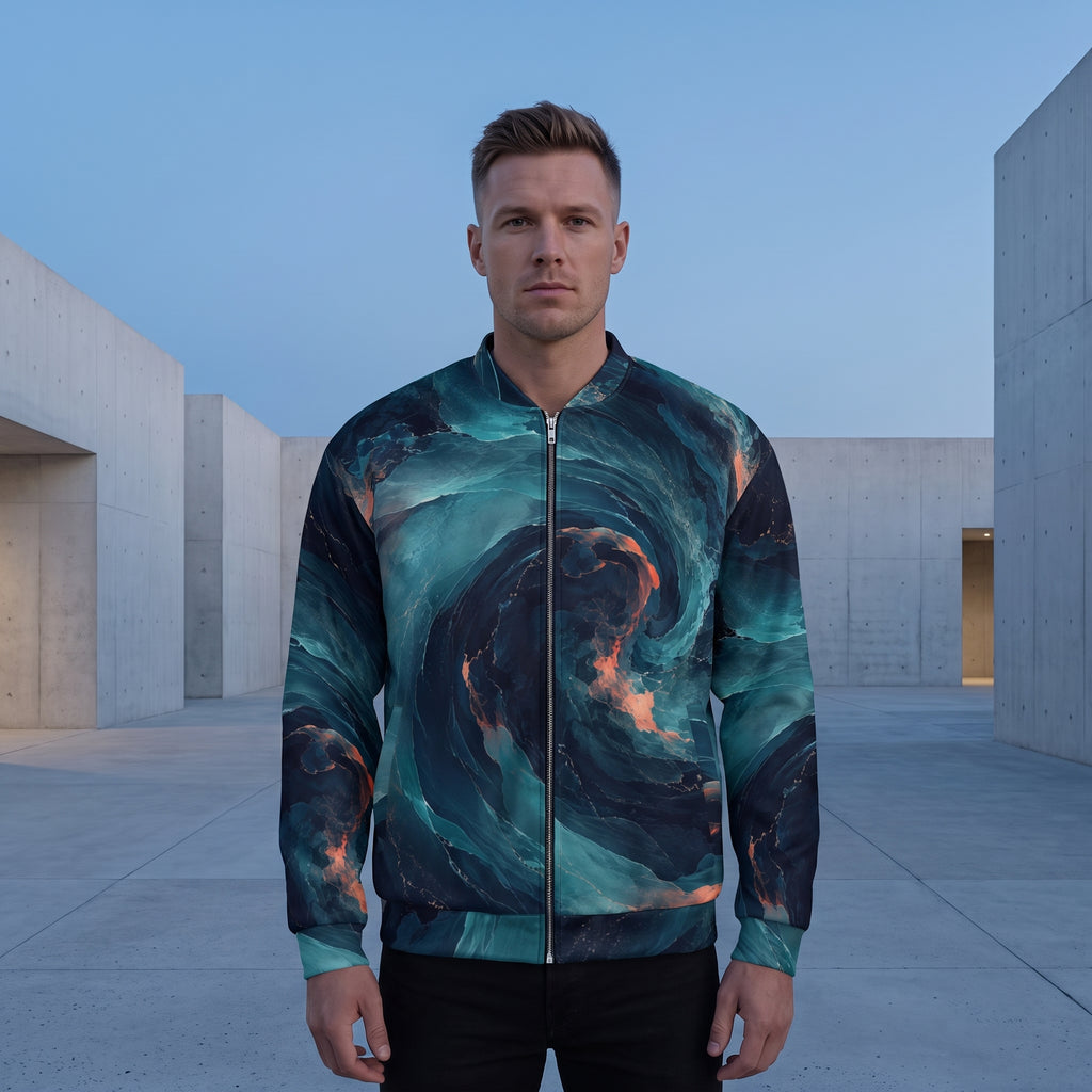 Model wearing the Neon Nebula bomber jacket – navy, turquoise and coral nebula print