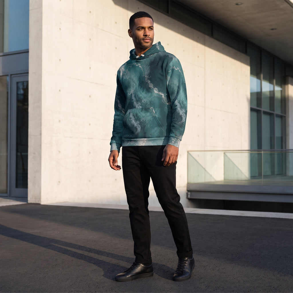 Model wearing the Abyssal Current abstract print hoodie