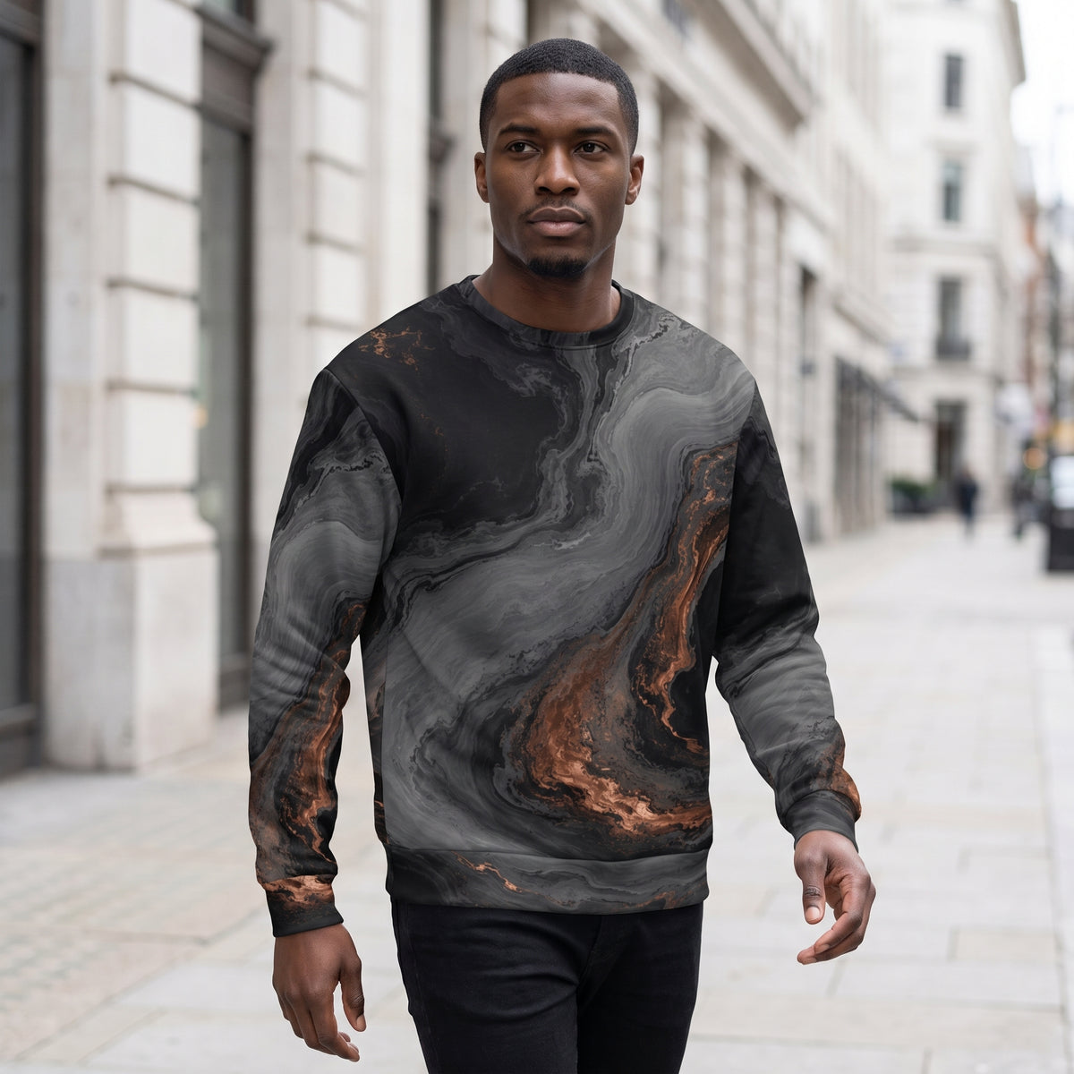 Model wearing the Molten Obsidian sweatshirt, black and copper print