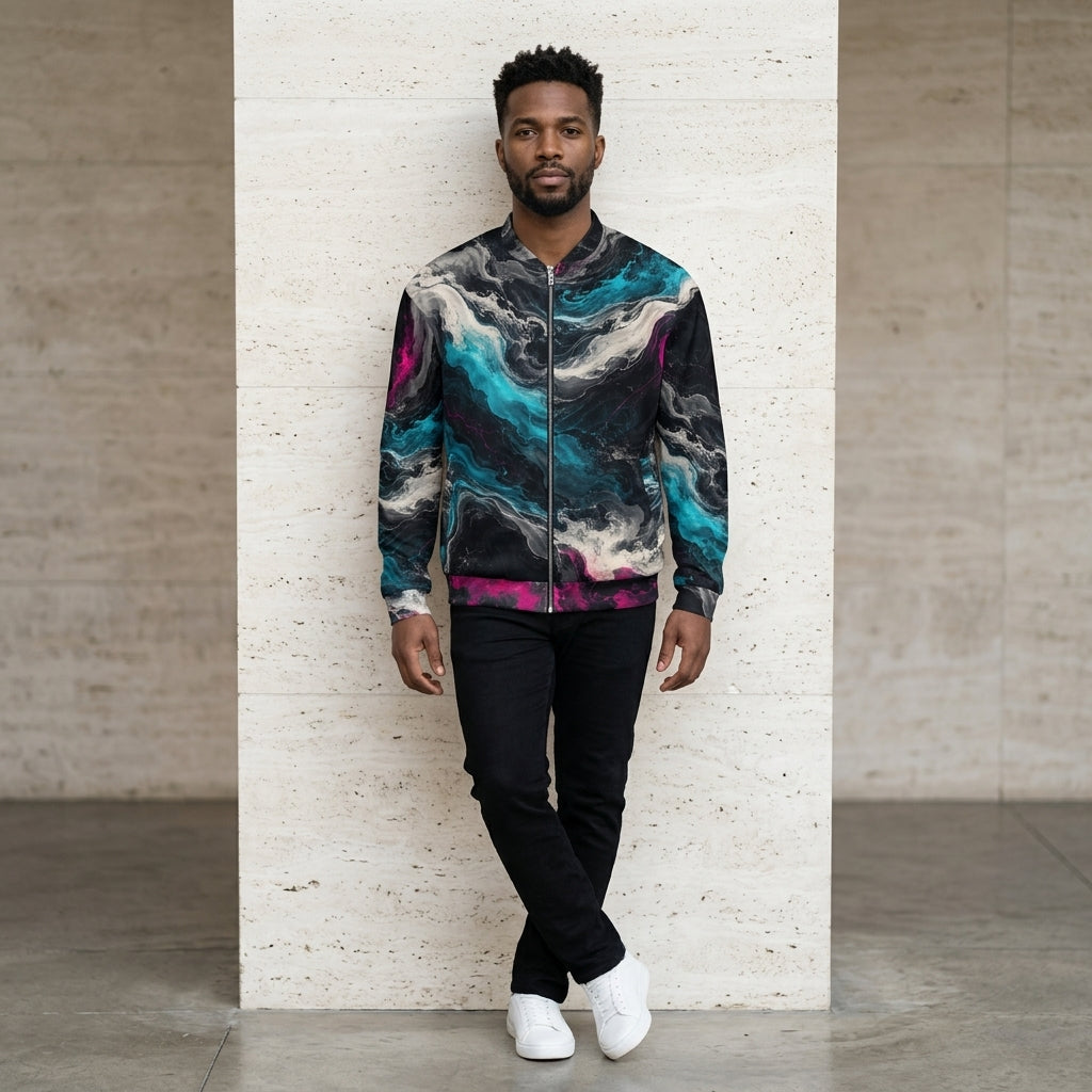 Model wearing the Geo Spectrum bomber jacket, turquoise and magenta print