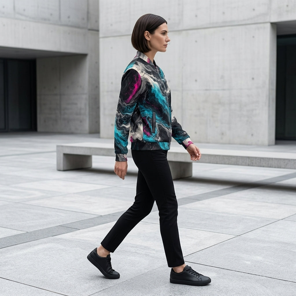 Model wearing the Geo Spectrum all-over print bomber jacket