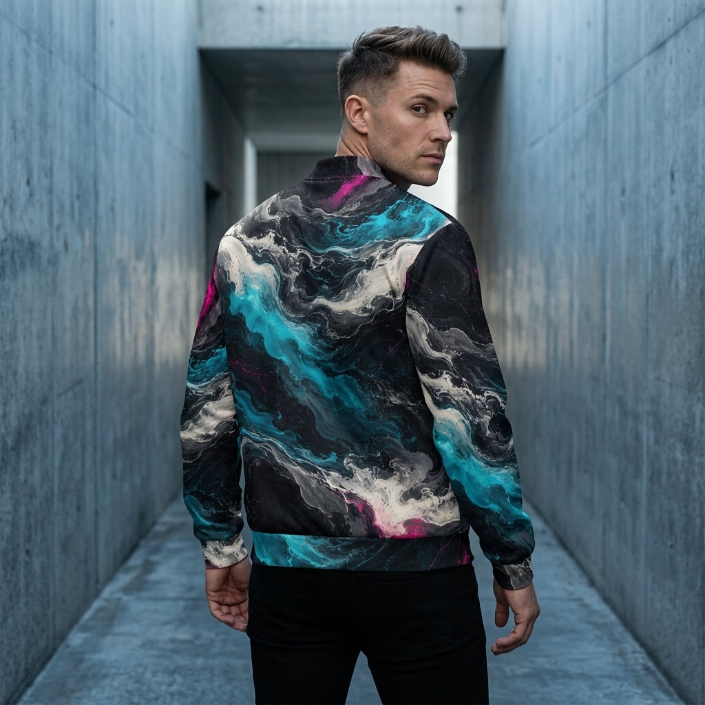 Model wearing the Geo Spectrum bomber jacket – turquoise, magenta and ivory marble print