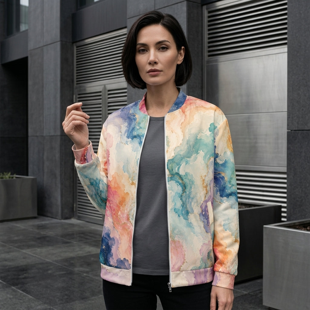 Model wearing the Ethereal Drift bomber jacket – ocean blue, blush pink and lavender watercolour print