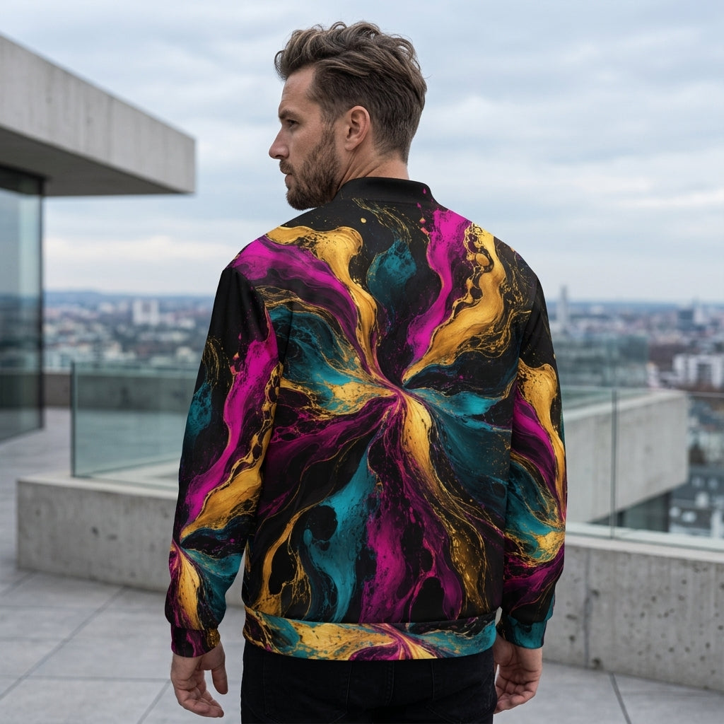 Model wearing the Chromatic Vortex bomber jacket, magenta and turquoise print