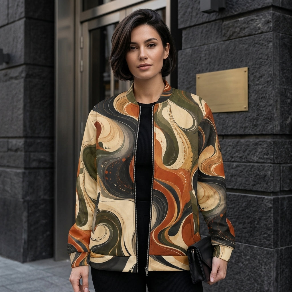 Model wearing the Terra Flux bomber jacket, burnt orange and olive print