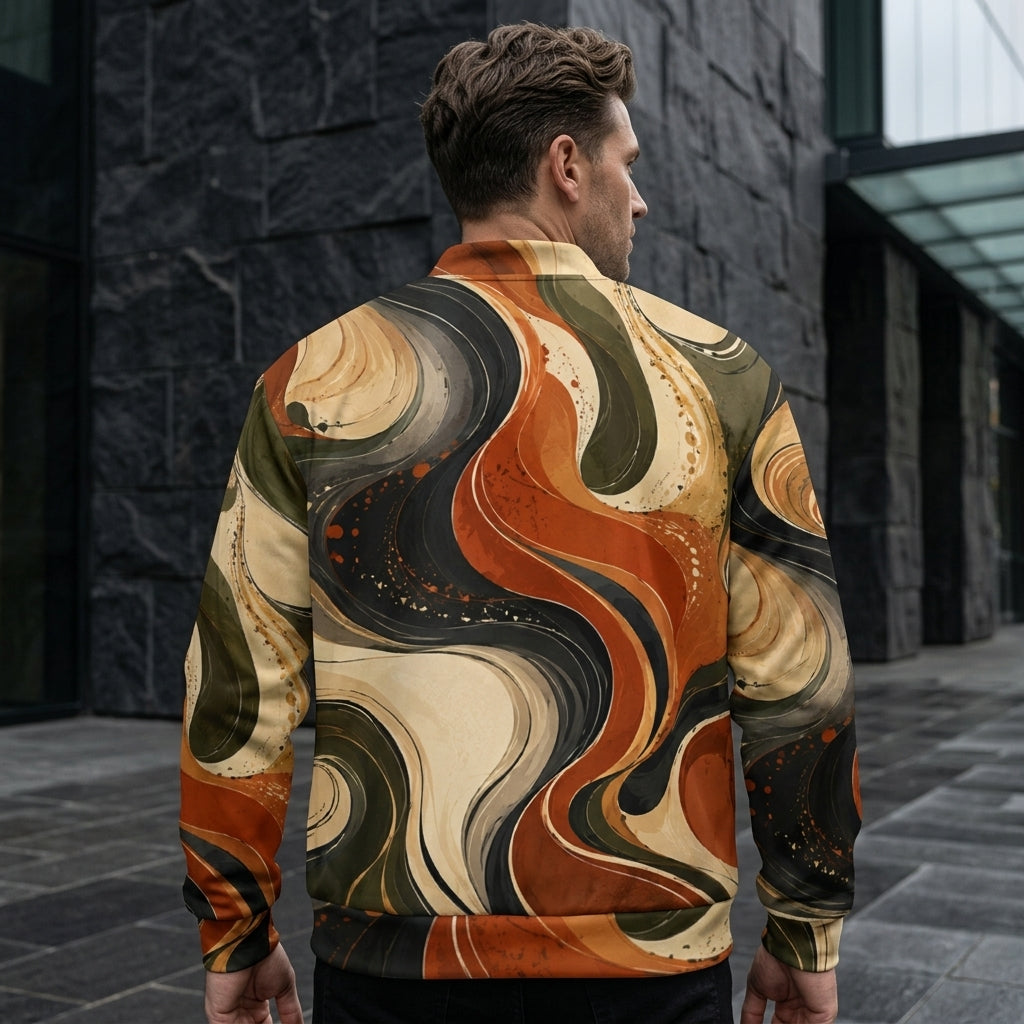Model wearing the Terra Flux all-over print bomber jacket