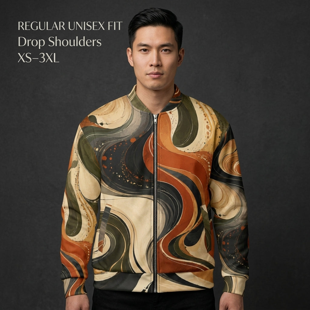 Model wearing the Terra Flux bomber jacket, burnt orange and olive print