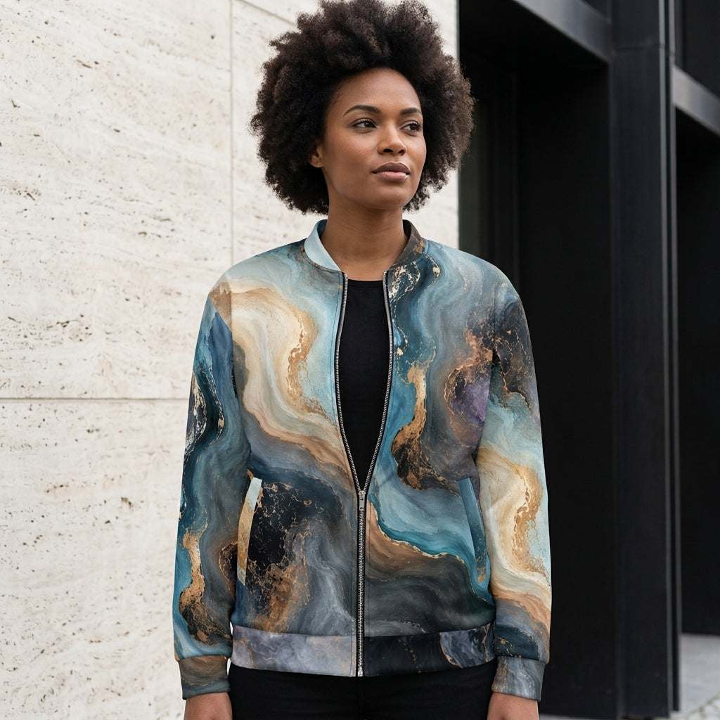 Model wearing the Oceanic Alchemy bomber jacket, navy and turquoise print