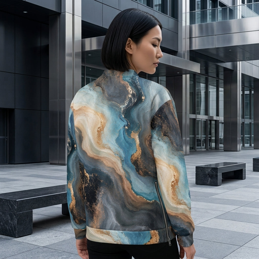 Model wearing the Oceanic Alchemy all-over print bomber jacket