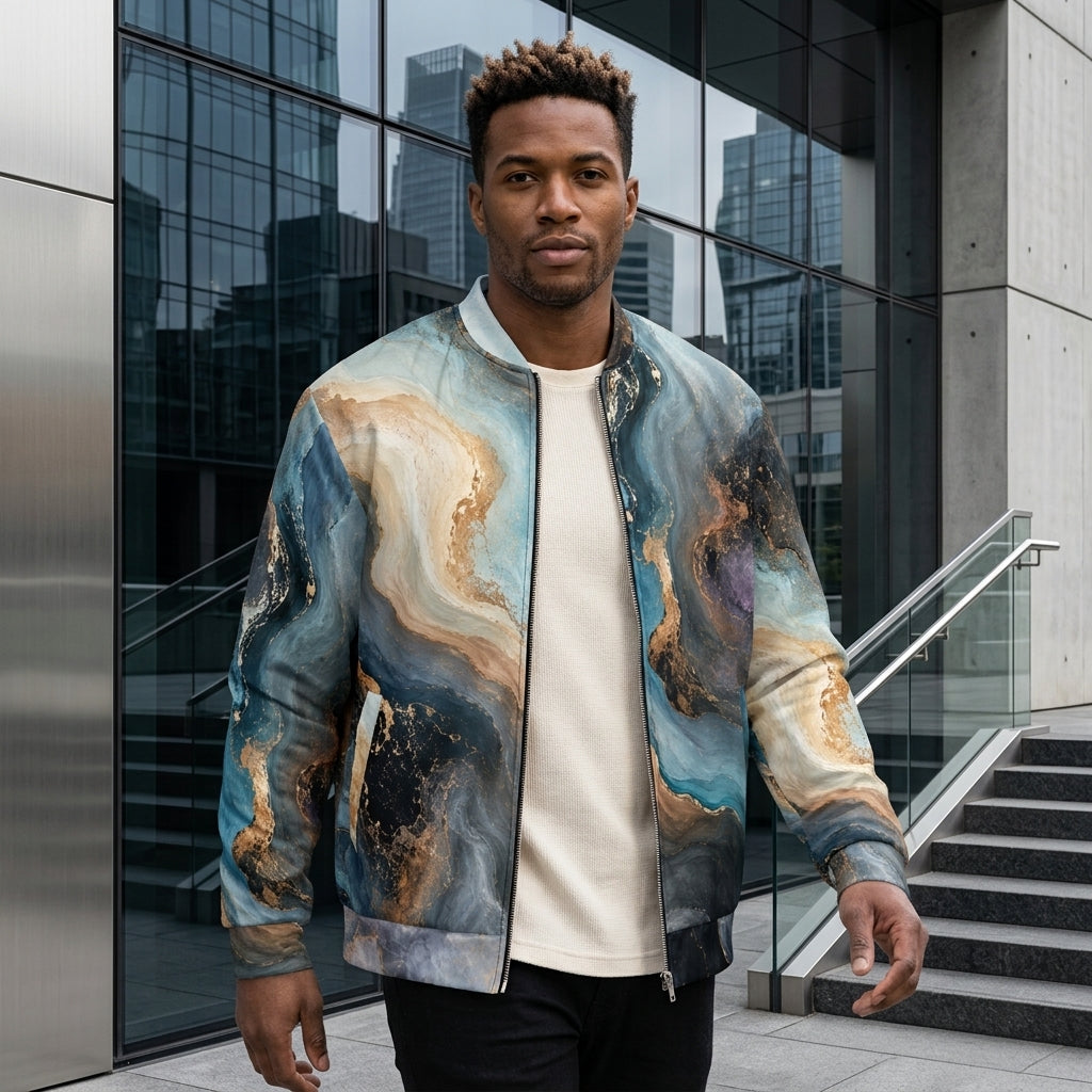 Model wearing the Oceanic Alchemy all-over print bomber jacket