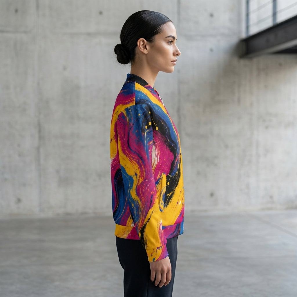 Model wearing the Chromatic Rush bomber jacket – yellow, electric blue and magenta marble print