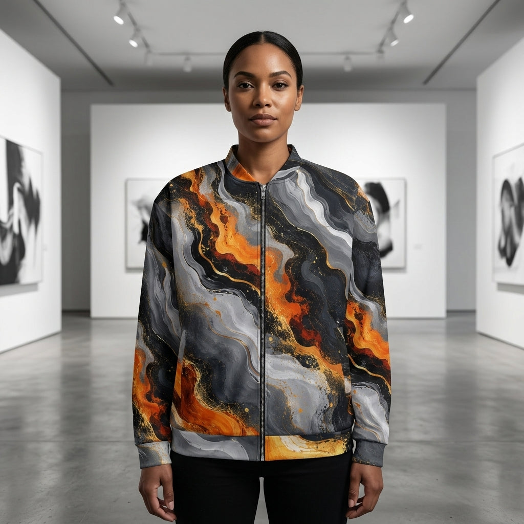 Model wearing the Molten Obsidian all-over print bomber jacket
