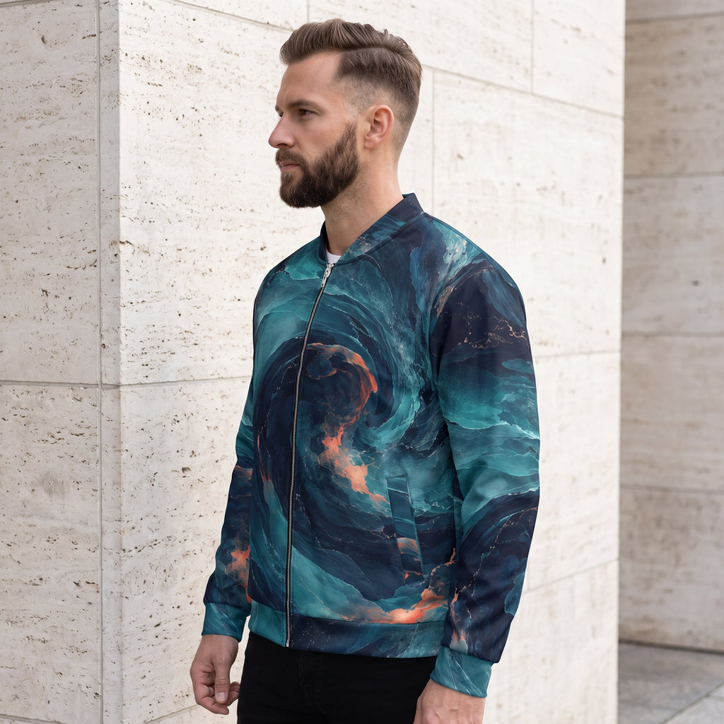 Model wearing the Neon Nebula all-over print bomber jacket