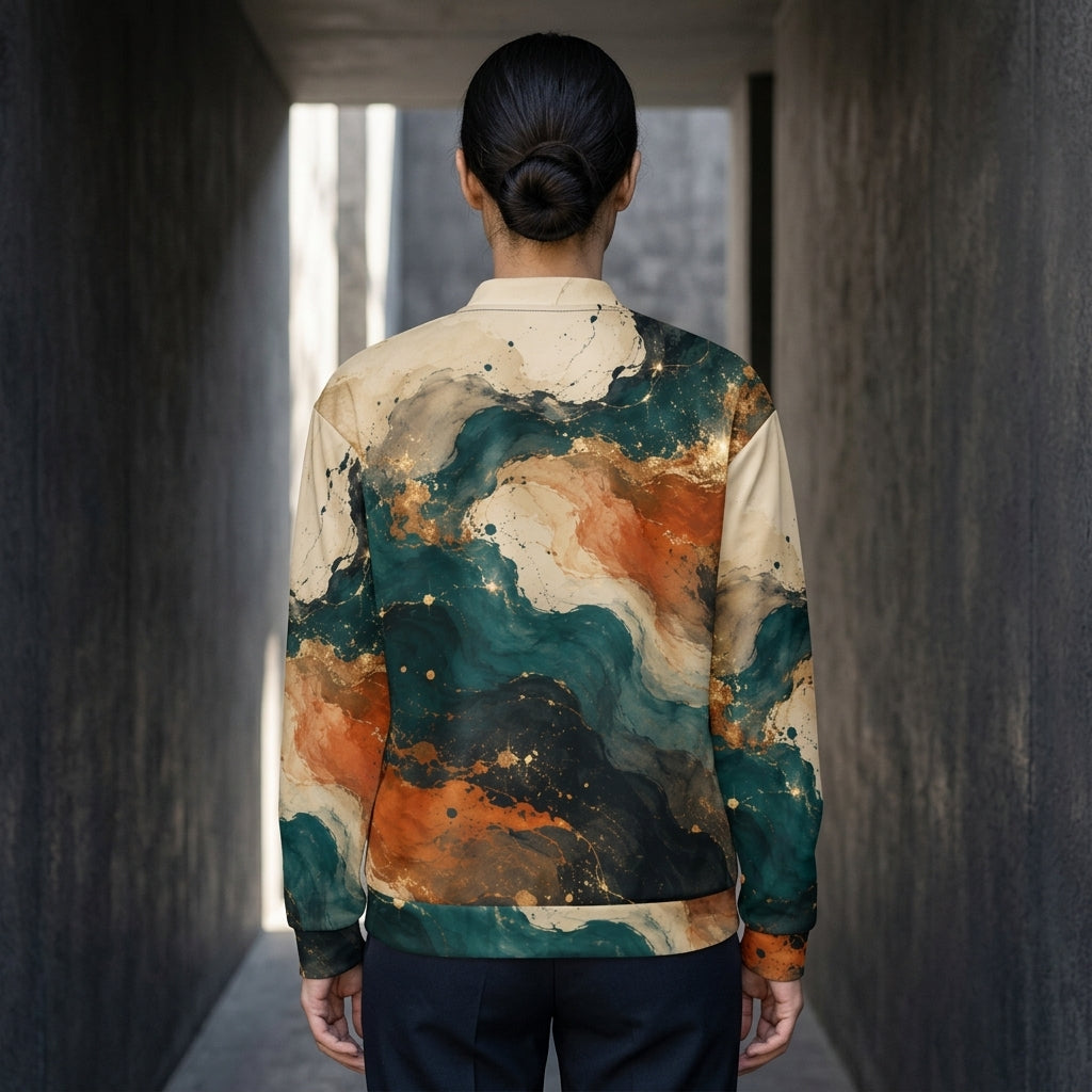 Model wearing the Ember Tide all-over print bomber jacket
