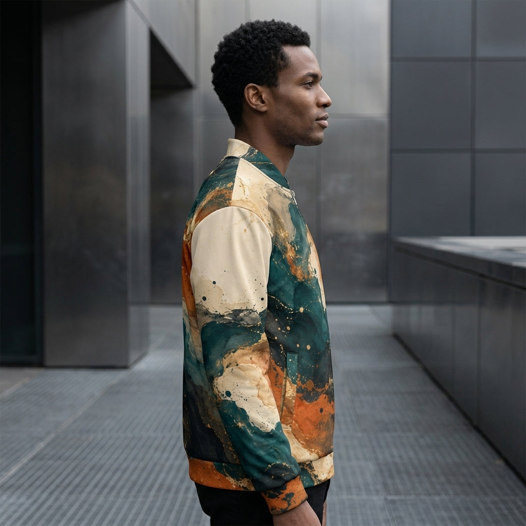 Model wearing the Ember Tide bomber jacket – teal, burnt orange and cream abstract print