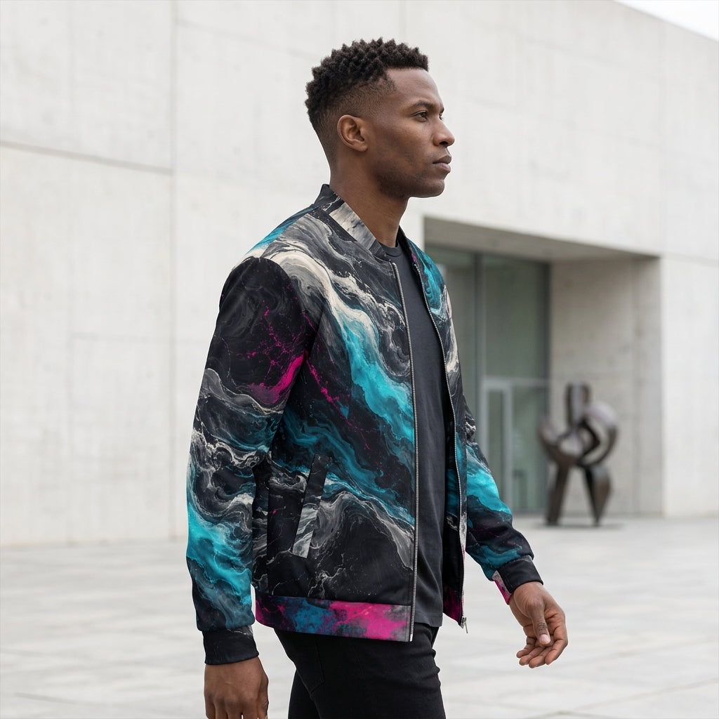 Model walking in the Geo Spectrum bomber jacket, turquoise and magenta print