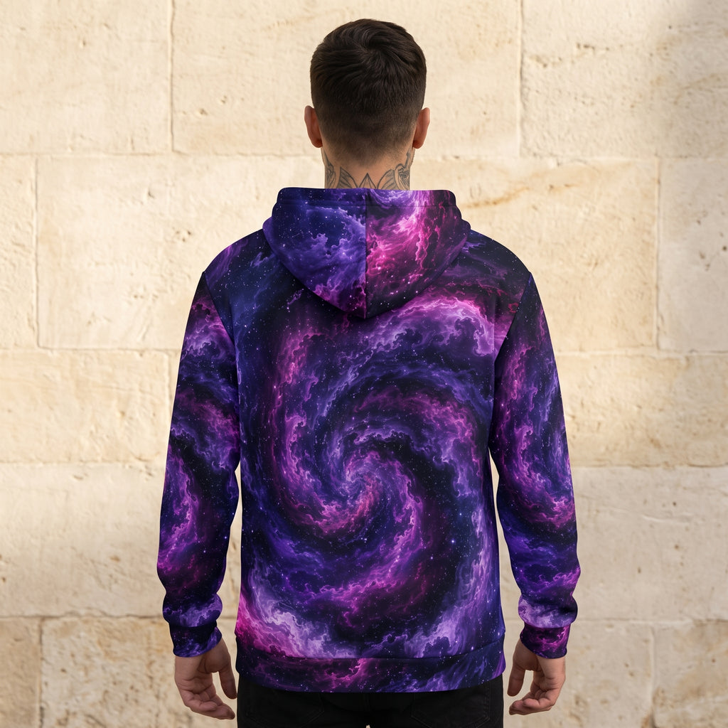 Model wearing the Cosmic Vortex all-over print zip hoodie