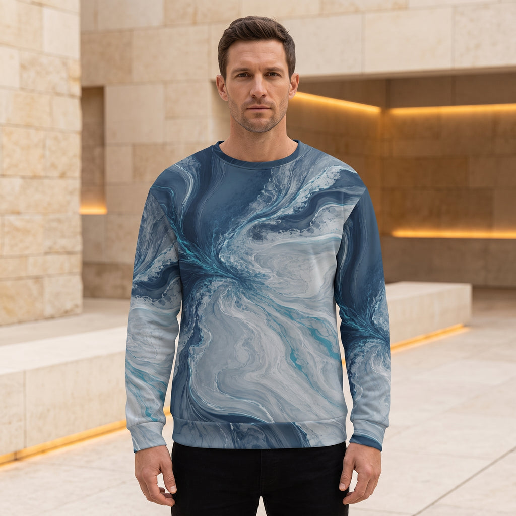 Model wearing the Tidal Convergence sweatshirt, navy and turquoise print