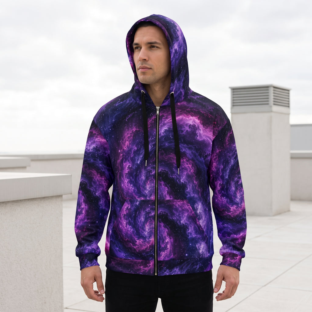 Model wearing the Cosmic Vortex zip hoodie, violet and black print