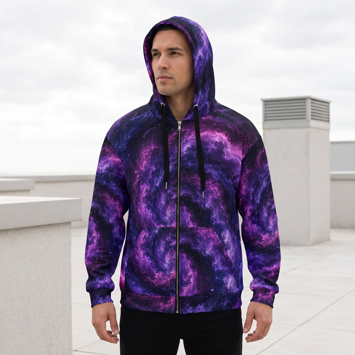 Model wearing the Cosmic Vortex zip hoodie, violet and black print