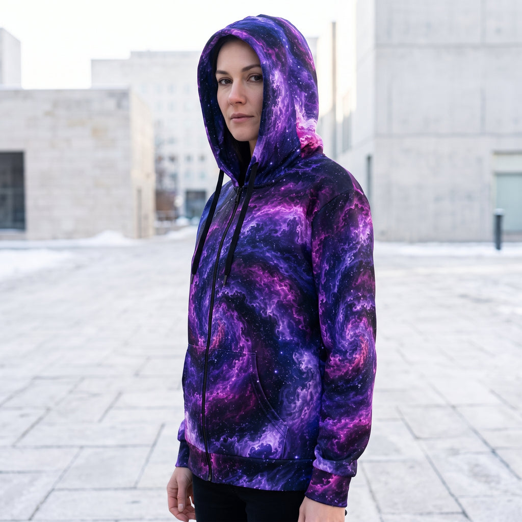 Model wearing the Cosmic Vortex zip hoodie, violet and black print