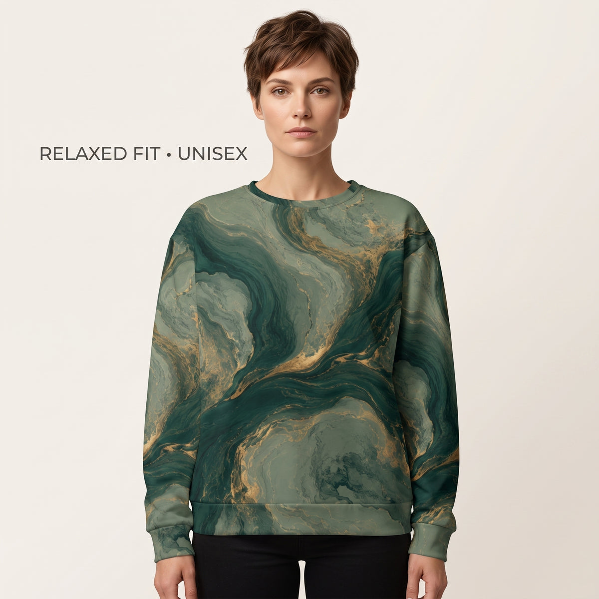 Model wearing the Emerald Current sweatshirt, green and gold print