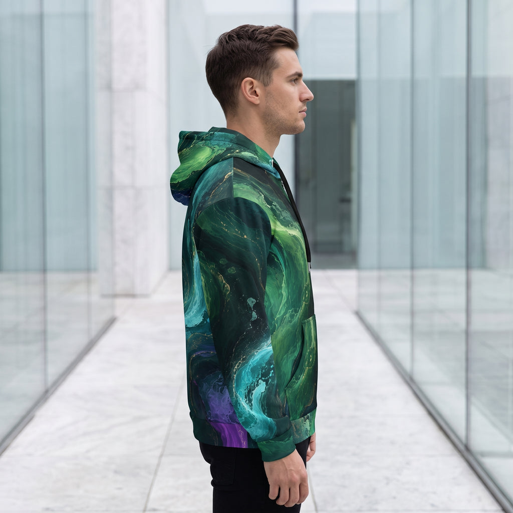 Model wearing the Emerald Tides zip hoodie – emerald, turquoise and midnight blue abstract print
