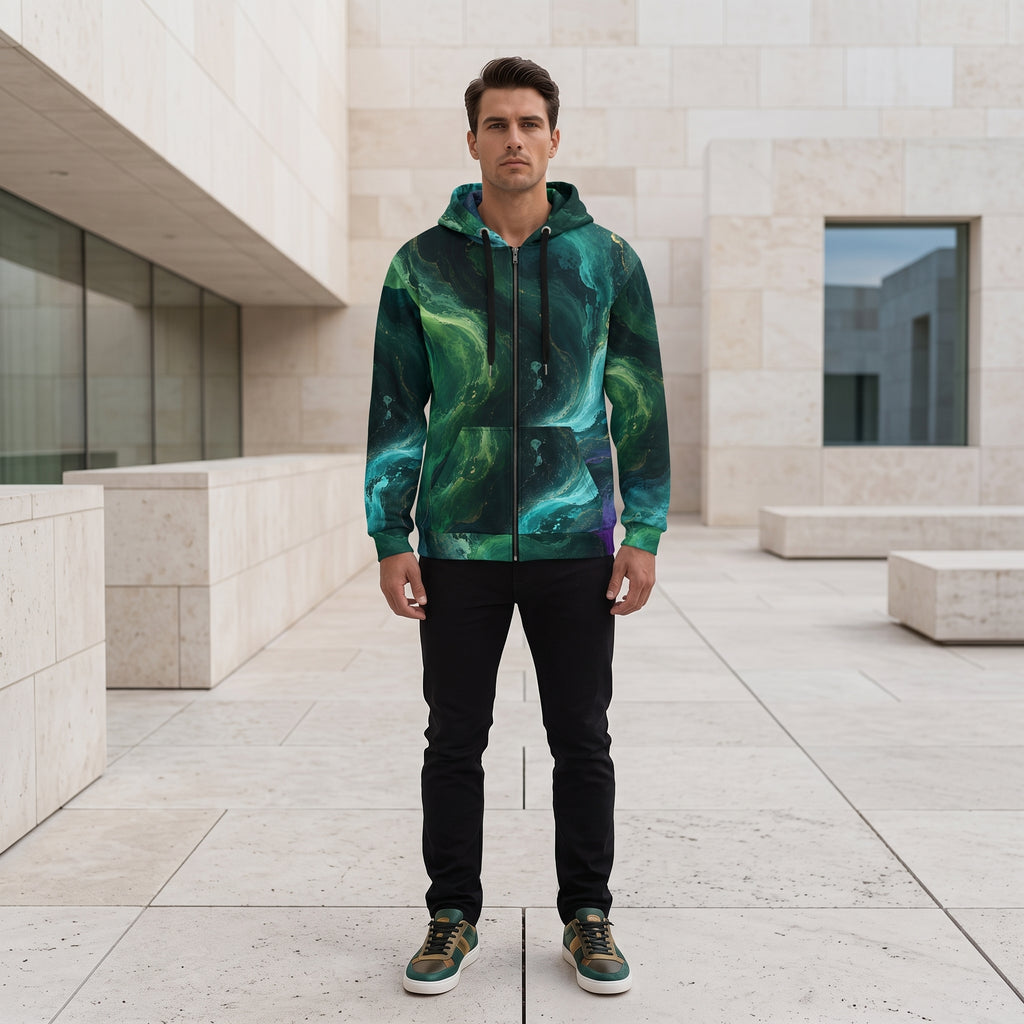Model wearing the Emerald Tides all-over print zip hoodie zipped up