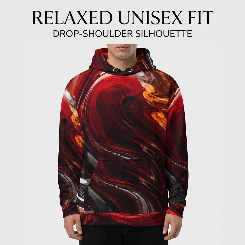 A man wearing a pullover hoodie with a dramatic red, black, and orange marbled swirl pattern. The image features text at the top reading 'RELAXED UNISEX FIT' and 'DROP-SHOULDER SILHOUETTE' against a light gray background.