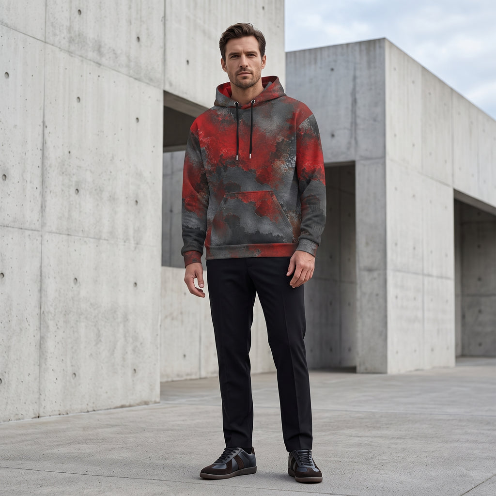 Model wearing the Red & Black Abstract hoodie – red, charcoal and black distressed print
