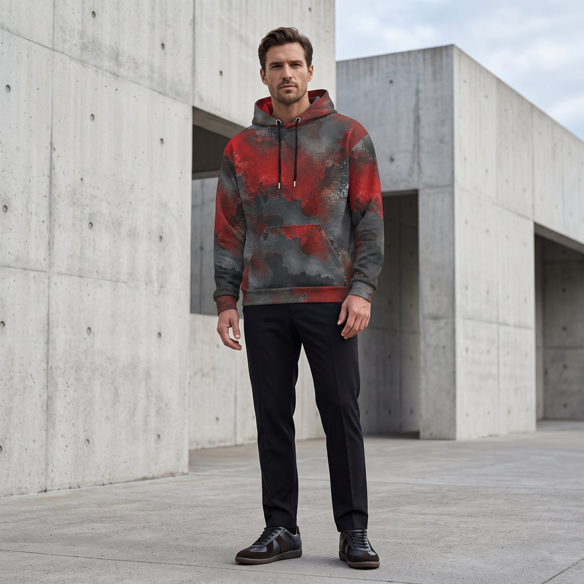 Model wearing the Red & Black Abstract hoodie – red, charcoal and black distressed print