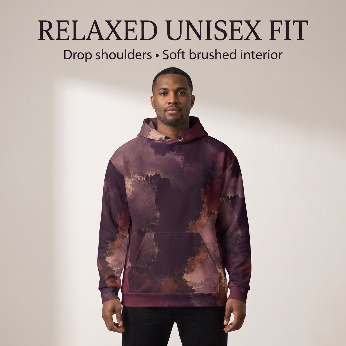 Model wearing the Ember Eclipse hoodie, burgundy and plum print