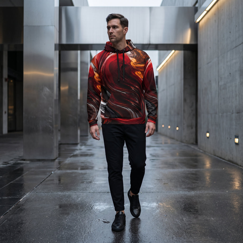A man walking down a modern concrete corridor wearing a red and black abstract patterned hoodie, black pants, and black shoes.