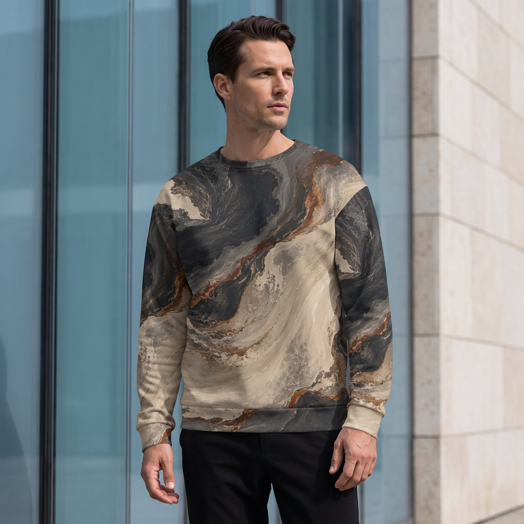 A man wearing a long-sleeve crewneck sweatshirt with a beige, gray, and brown marble pattern, standing in front of a modern glass and stone building.