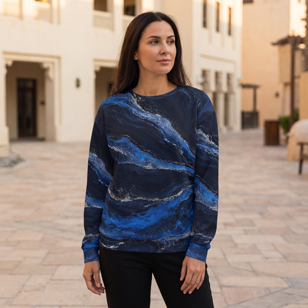 A woman wearing a long-sleeve crewneck sweatshirt with a blue and navy marble pattern, standing in an outdoor paved alleyway with beige buildings in the background.