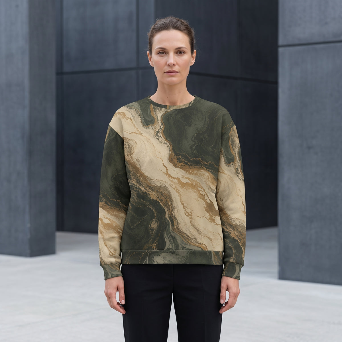 Model wearing the Verdant Strata sweatshirt, forest green print