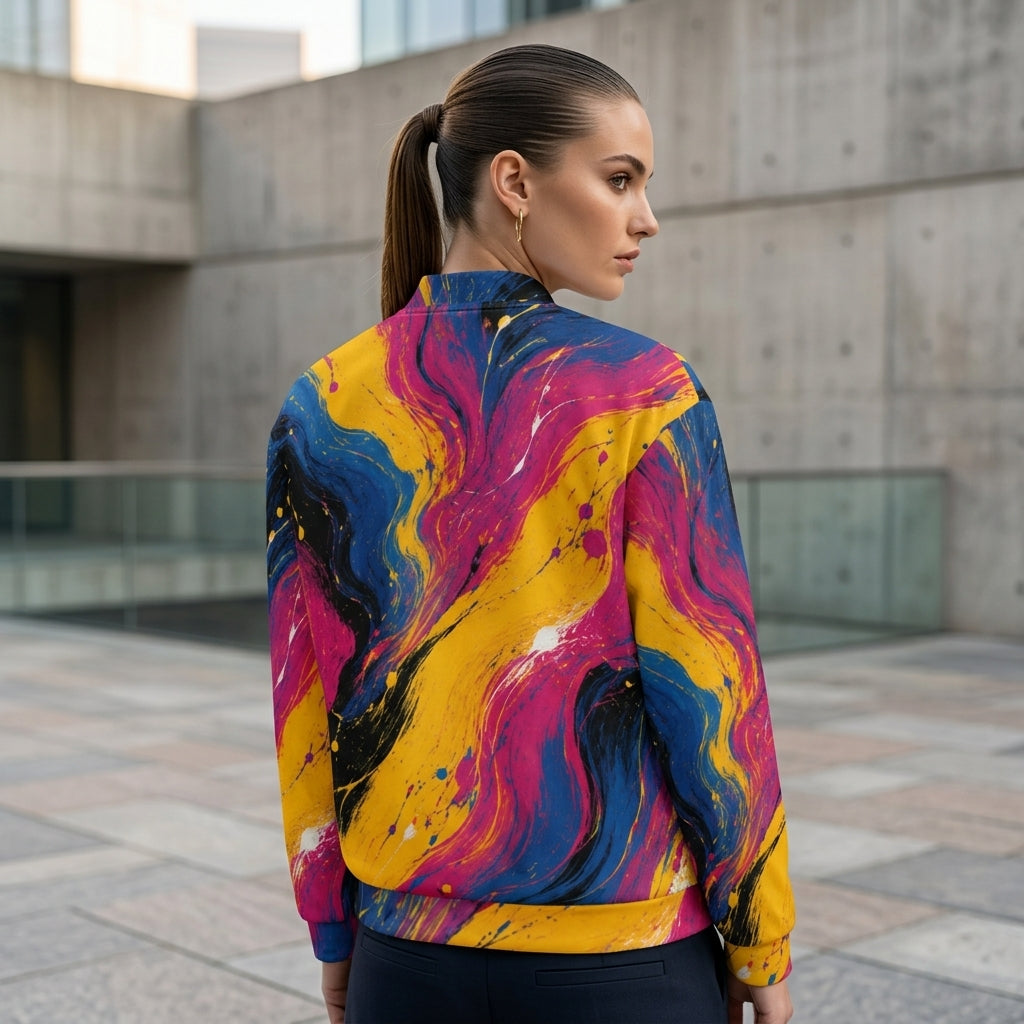 Model wearing the Chromatic Rush bomber jacket, yellow, blue and magenta print