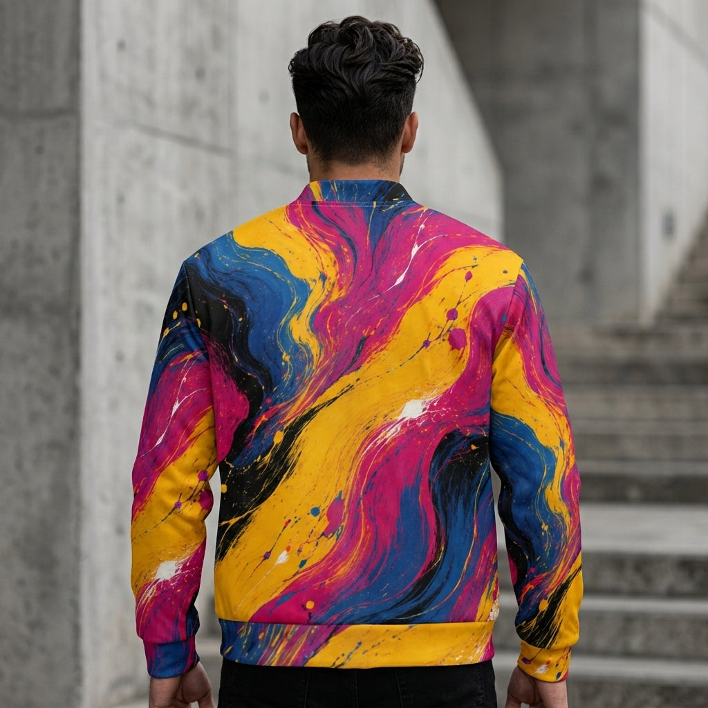 Model wearing the Chromatic Rush bomber jacket – yellow, electric blue and magenta marble print