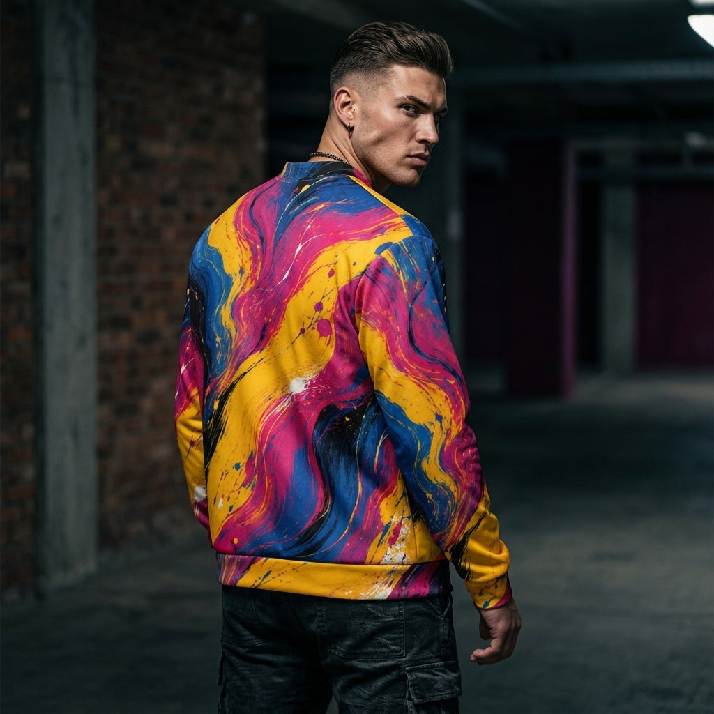 Model wearing the Chromatic Rush all-over print bomber jacket