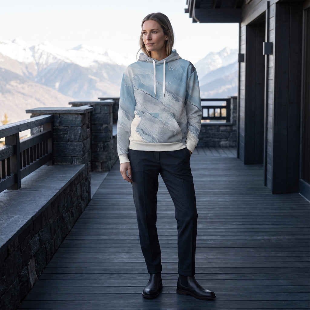 Model wearing the Glacial Current all-over print hoodie