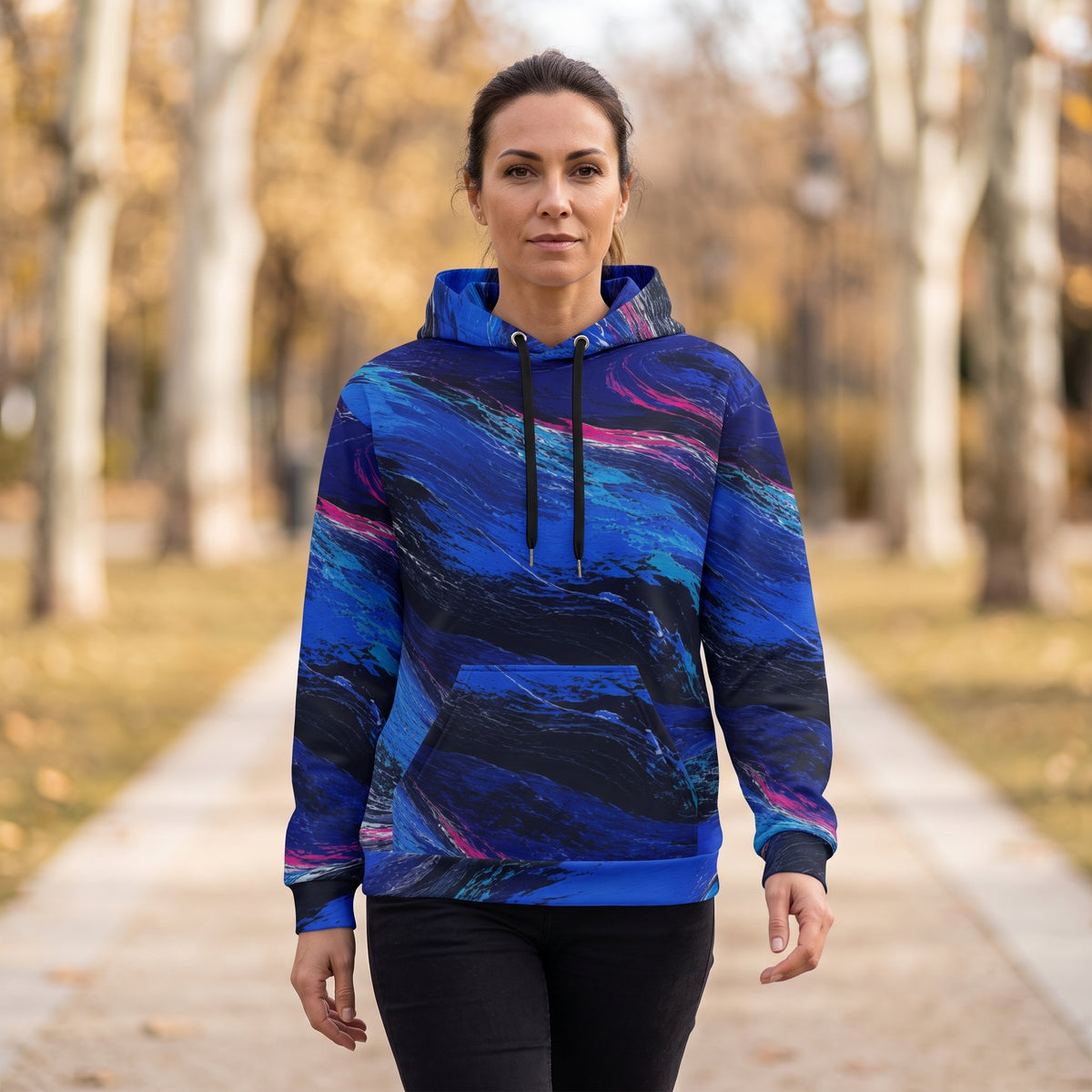 Model wearing the Cobalt Afterglow all-over print hoodie