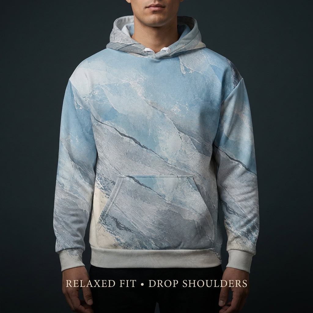 Model wearing the Glacial Current all-over print hoodie