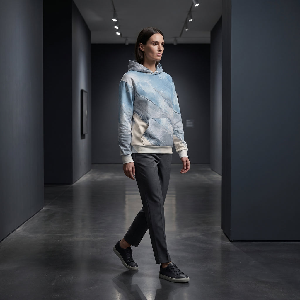 Model wearing the Glacial Current hoodie – icy blue, white and slate grey marble print