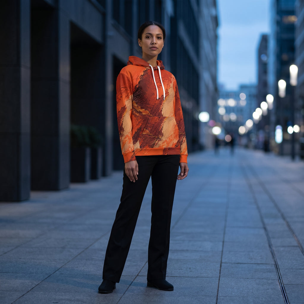 Model wearing the Ember Terrain all-over print hoodie on a city street