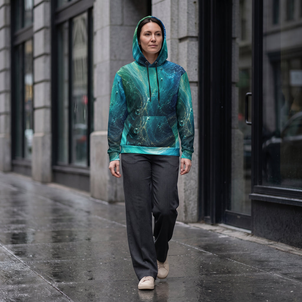 A woman walking on a wet city sidewalk wearing a teal and green marble-patterned hoodie with dark gray pants and beige sneakers.