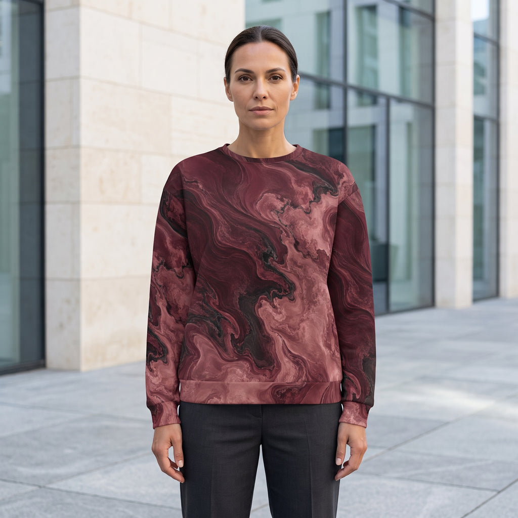 Model wearing the Burgundy Eclipse all-over print sweatshirt