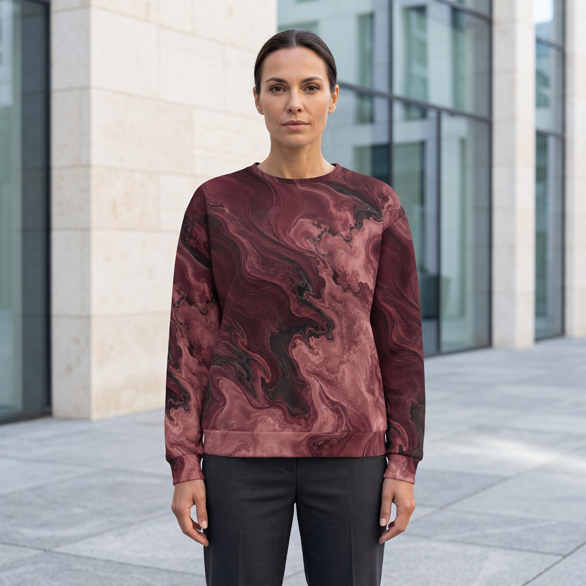 Model wearing the Burgundy Eclipse all-over print sweatshirt
