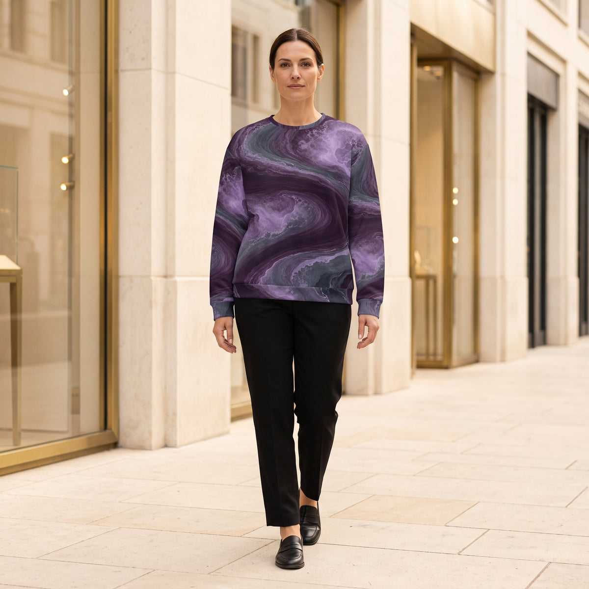 Model wearing the Amethyst Vortex all-over print sweatshirt
